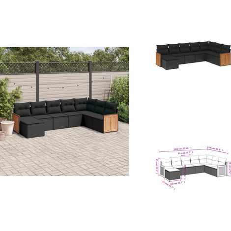 The Living Store Salon de jardin 8 pcs avec coussins noir résine tressée - Canapé de jardin (1/3)