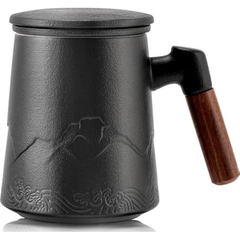 suyika Tasse à thé avec infuseur et couvercle, poignée en bois brut, tasse à thé en céramique, 450 ml, tasse à thé en relief pour cadeau, dégradé noir mat (1/5)