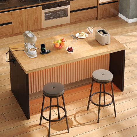 Isla de cocina de 155 x 80 x 90 cm, con aspecto de madera, paneles laterales negros, iluminación LED, 2 tomas de corriente, 2 puertos USB, encimera de 40 mm, isla de cocina de estilo industrial. (1/5)