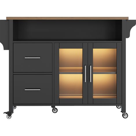 Isla de cocina negra con encimera abatible, 2 cajones, vitrina de vidrio y ruedas (1/5)