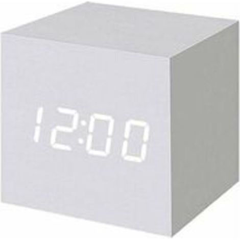 1 Stück Digitaler LED-Wecker aus Holz, Kubische Digitaluhr mit Datums- und Temperaturanzeige, USB-Anschluss / Batterie (Weiß) (1/4)