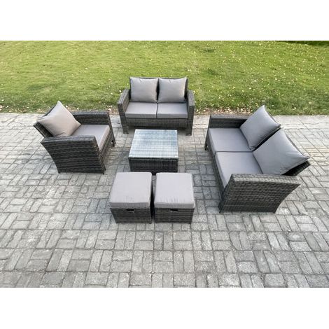 Fimous 7 Seater Outdoor Rattan Garden Furniture Set Conservatory Patio Sofa Coffee Table Set with Chair 2 Small Footstools Dark Grey Mixed (1/5)