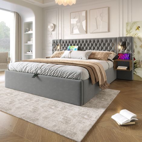 Lit double capitonné 180x200 cm avec lampe de lecture  et port USB Lit coffre hydraulique avec 2 tables de chevet Velours Gris