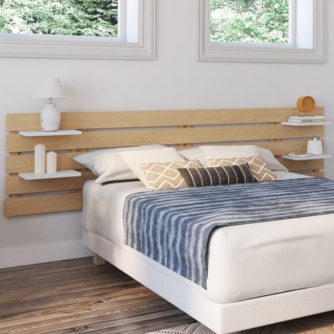 NINA 240 CM cabecero de madera clara con 5 lamas anchas y estantes blancos (1/5)