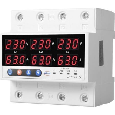 Three-Phase Voltage Current Protector, 230VAC 63A Voltmeter Ammeter DIN Rail Three-Phase Overvoltage/Undervoltage Protection Device (1/5)