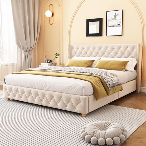 Lit capitonné 160x200cm avec sommier à lattes et tête de lit, capitonnage à boutons et clous décoratifs, pieds en bois, velours, beige clair, garantie 2 ans (1/5)