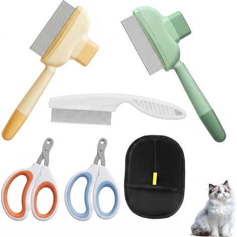 6 Piece Cat and Dog Grooming Kit - 3 Combs, 2 Scissors and 1 Brushing Glove, Flea Comb and Cat Brush Long and Short Hair to Remove Dead Hair and Tangles (1/5)