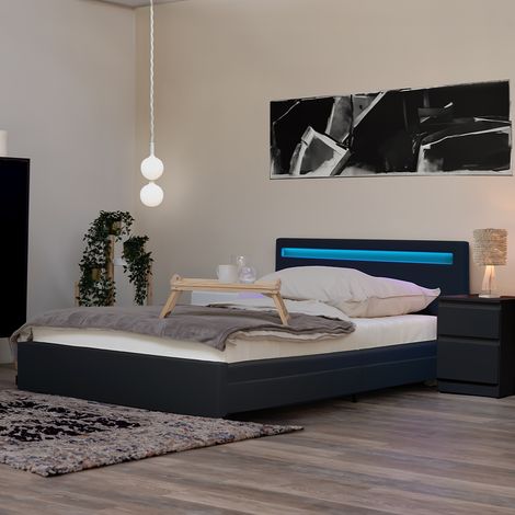 HOME DELUXE - LED Bett NUBE - Dunkelgrau, 140 x 200 cm - inkl. Matratze, Lattenrost und Schubladen I Polsterbett Design Bett inkl. Beleuchtung  LED Polsterbett Bett Bettgestellt