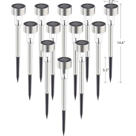 Lot de 12 lampes solaires pour allée, en acier inoxydable IP44, étanches, marche/arrêt automatiques, éclairages solaires extérieurs pour jardin, cour, terrasse, allée et allée. (Blanc froid) (1/5)