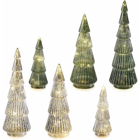 Alberi di Natale in vetro lavorato colorato con luci led in set da tre pezzi, set da 2 pezzi, Grande: Ø 8,5 cm x 25,5 H