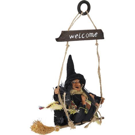 Realistische, hängende fliegende Hexe mit Besen, Türdekoration für Halloween (schwarz) (1/5)