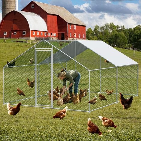 Poulailler enclos métal 300×400×200 cm extérieur imperméable toile PE, serrure sécurisé adapté poules lapins petits animaux - Argent (1/5)