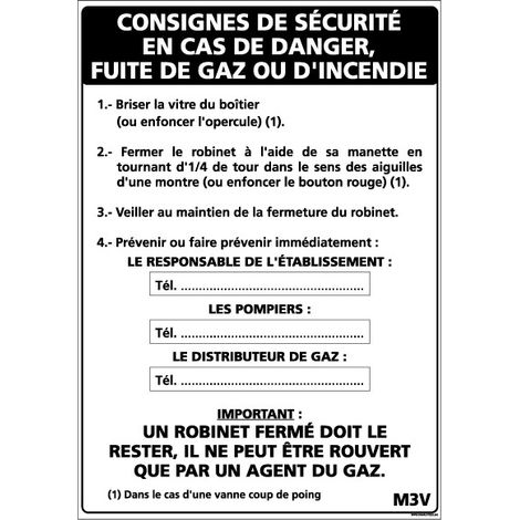 Panneau CONSIGNE EN CAS DE FUITE DE GAZ à compléter – Adhésif – 210 x 300 mm