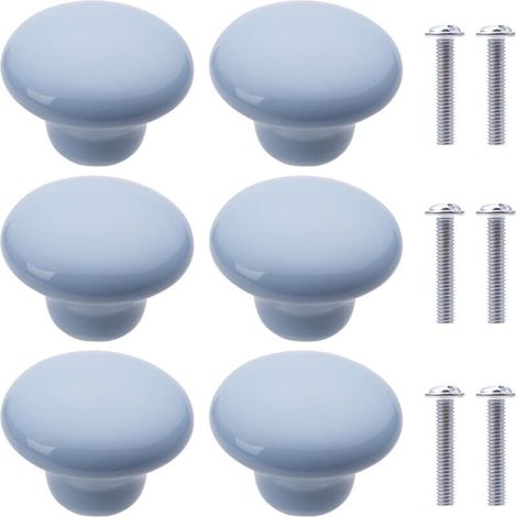 Lot de 6 poignées de meuble rondes en céramique, poignées de tiroir et de placard pour cuisine, commode, armoire et chambre d'enfant (bleu clair)