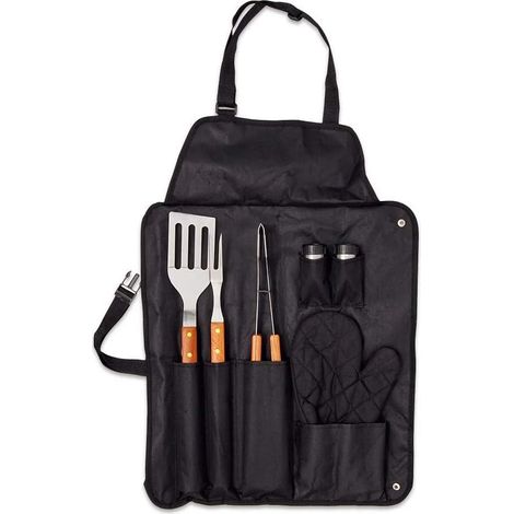 Schürze mit Grillset. Set mit 7 Grillutensilien: Schürze und schwarzer Nylonhandschuh, Gabel, Spatel, Zange, Salz- und Pfefferstreuer aus Edelstahl
