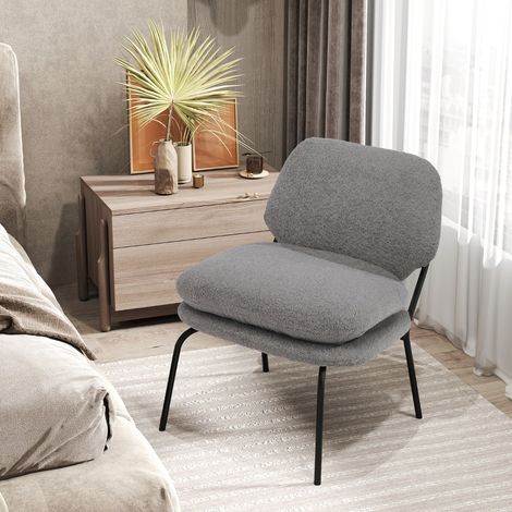 Fauteuil Décoratif sans Accoudoirs Chaise de Détente en Tissu Polaire avec Dossier Haut Coussins Épais Pieds en Métal Chaise Moderne Gris (1/3)