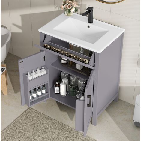 MODFU – Mobile lavabo con piedini 60x46 cm in MDF e ceramica con 2 ante, cassetto a ribalta, ripiano regolabile, portata 60 kg e rubinetteria non inclusa – Grigio (1/5)