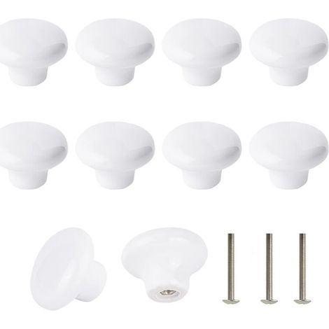 Pack of 10 White Ceramic Knob, Ceramic Door Handle, Retro Round Ceramic Cabinet Drawer Kitchen Pull Handle 32mm with 3 Sizes of Screws