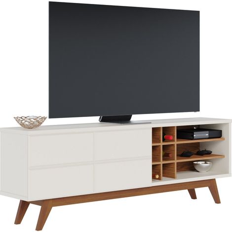 Meuble TV 75 Pouces Blanc et Chêne Pieds Bois 2 Portes 11 Niches L 180 H 64.2 P 36.5 cm (1/5)