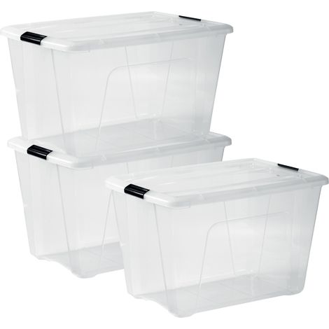 Iris Ohyama, contenitore in plastica con coperchio, 60L, lotto da 3, trasparente, NTB-60