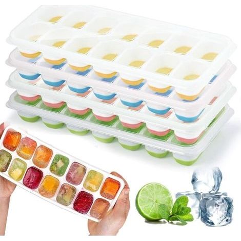 Vaschette per cubetti di ghiaccio in silicone con coperchio, stampo per cubetti di ghiaccio, senza BPA, vaschette quadrate per cubetti di ghiaccio facili da rimuovere (1 verde + 1 blu + 1 rosa + 1 gia (1/5)