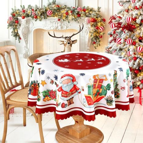 Nappe ronde de Noël d'hiver - Housse de table Père Noël 60 pouces - Pour fêtes intérieures, patio, cuisine d'hiver et plus encore - 1 feuille (1/5)