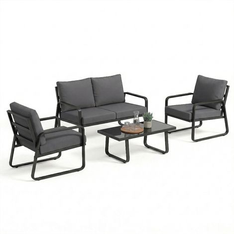 4-teiliges Gartenmöbelset mit abnehmbaren, 10 cm dicken Kissen und schwarzem Couchtisch aus gehärtetem Glas