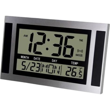 Große digitale LCD-Wanduhr mit Uhrzeit, Temperaturanzeige, Kalender und Wecker – Moderne silberne Tischuhr (1/5)