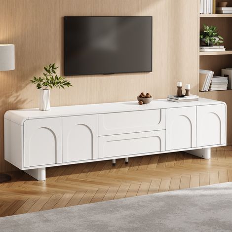 Tkopy - Meuble tv 180 cm longueur, buffet bas table TV, meuble tv avec rangement, avec une porte pivotante et deux tiroirs de grande capacité, design minimaliste, meuble TV moderne, meuble tv blanc (1/5)