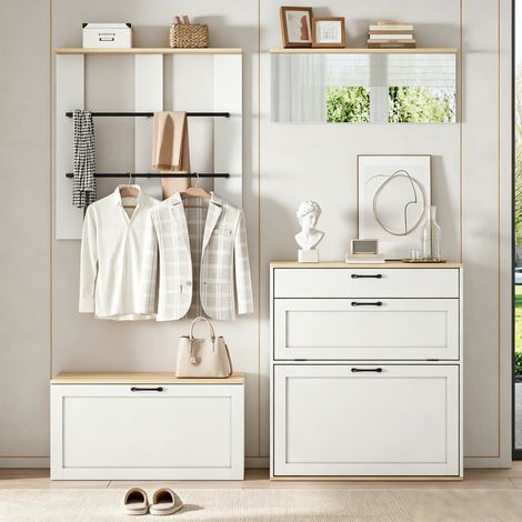 Ensemble vestiaire d'entrée modulable avec meuble à chaussures, banc, miroir et portemanteau mural, MDF blanc et bois clair, pour petit espace - CHICFURN (1/5)