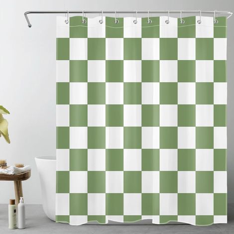 Plaid Vert et Blanc Rideaux de Douche 150x200cm(LxH) Géométrique Simple Rideaux de Bain avec Crochets,Art Décor Moderne À Carreaux Extra Longue Imperméable Polyester Anti Moule Salle de Bain Décor (1/5)