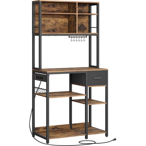 Mensola da cucina con multipresa bar con ripiani regolabili cassetto in tessuto 12 ganci 40 x 80 x 180 cm supporto per microonde marrone rustico e nero inchiostro 120005657