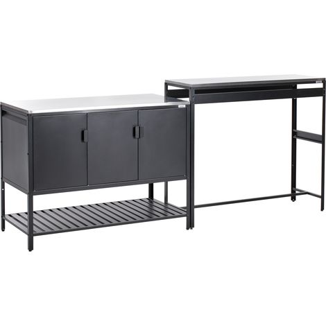 Conjunto de armario de cocina y mesa de bar para exterior de acero 3 puertas encimera de acero inoxidable jardín negro Maenza (1/5)