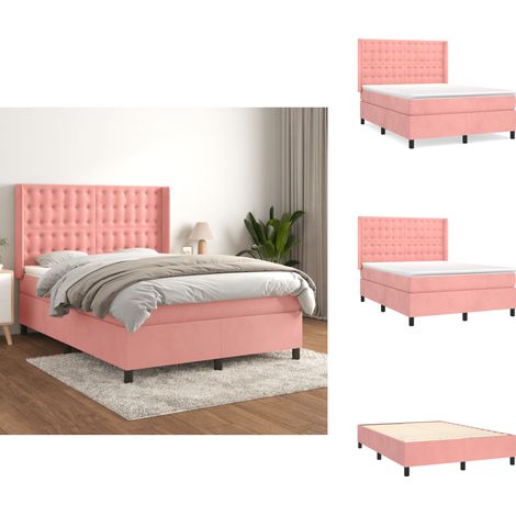 Sommier à lattes de lit avec matelas Rose 140x190 cm Velours - Lit Tapissier - Lit Double - Lit Velours - Lit Rose - Literie (1/5)