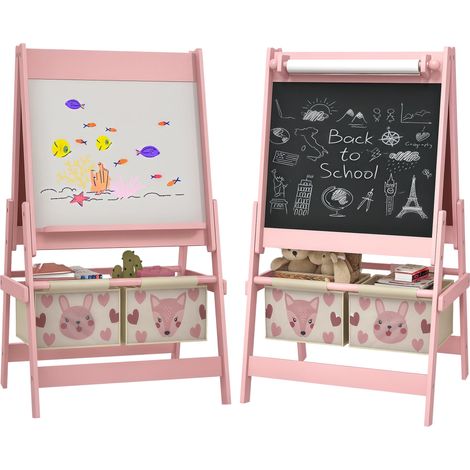 Tableau chevalet enfant ardoise double face tableau à craie rouleau papier 2 paniers 54 x 46,5 x 93 cm rose