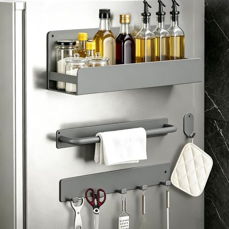 Coffret de 4 range-cuisine magnétique, étagères modulaires avec porte-épices, porte-serviette, crochets ronds, support magnétique solide sans perçage pour frigo, machine à laver, Gris (1/5)