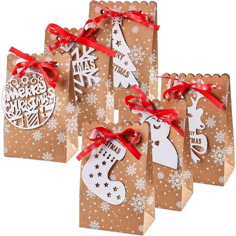 Sac Cadeau Papier, Boîtes de Papier de Noël, Sacs Cadeaux de Noël en Papier Kraft, Sacs Cadeaux avec 24 d'Étiquettes de Noël Blanches et Ruban, Pochettes Cadeaux Kraft pour Bonbons Biscuits Jouet (1/5)