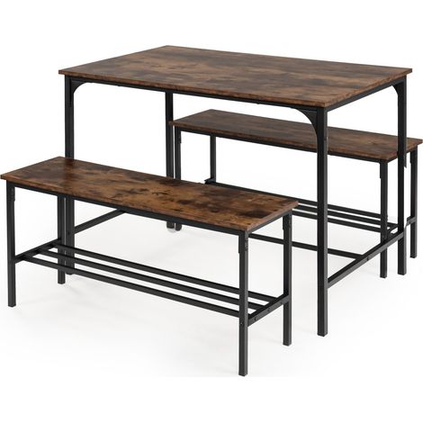 FurnitureR 110cm Esstisch mit 2 Bänken Sets, Set von 3, Stahlrahmen und Holz, Ruatic Braun Industriestil, für 4 Personen Küche, Restaurant, Braun (1/5)