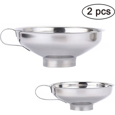 Set di 2 imbuti in acciaio inox, grande + piccolo, per liquidi, oli, polveri, legumi, marmellate e contenitori larghi. (1/4)