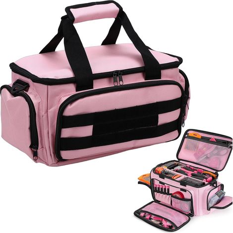 Sac à Outils Sac de Travail Porte-outils pour Femme Rose 14 Pouces en Nylon Robuste avec Séparateur Amovible 3 Pochettes Bandoulière Réglable pour électricien Charpentier B (1/5)
