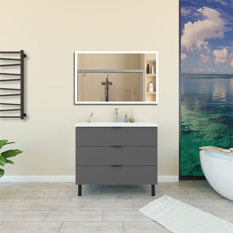 Aica Ensemble meuble de Salle de Bain 100cm avec Pieds, et vasque en céramique, 3 tiroirs, Anthracite, Style Moderne