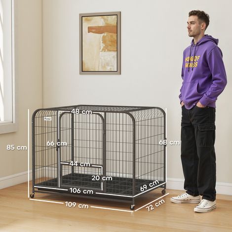 Cage pour chien en acier avec roulettes, 3 portes, plateau amovible et serrure de sécurité, noire. (1/5)