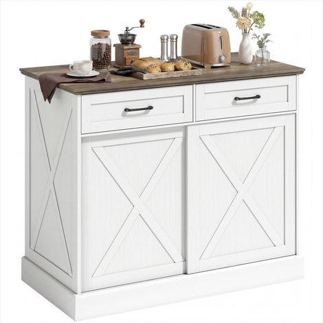 Îlot central de cuisine blanc 106,4 cm, 2 tiroirs et porte coulissante, style ferme (1/5)