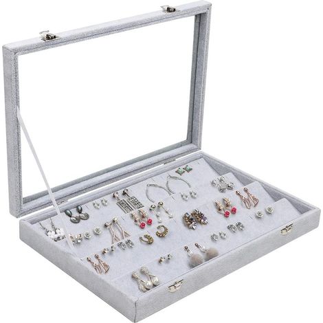 Rangement Boucle d’Oreille en Velours Gris avec 40 Fentes et Couvercle - Presentoir Bijoux et Boucle d’Oreille à 4 Niveaux avec Fenêtre en Verre Transparente pour Boucles d’Oreilles (1/5)