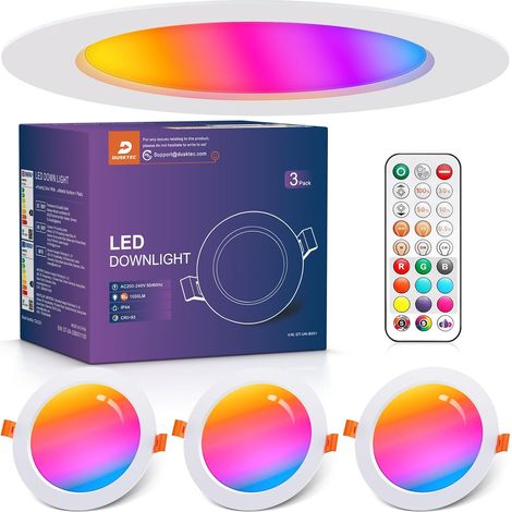 Spot LED Encastrable RGB avec Télécommande, Lot de 3, IP44 Spots LED de Plafond Couleur Blanc, 7W Éclairage Encastré pour Salle de Bain Cuisine Couloir, Trou 68-85mm, AC220-240V (1/5)
