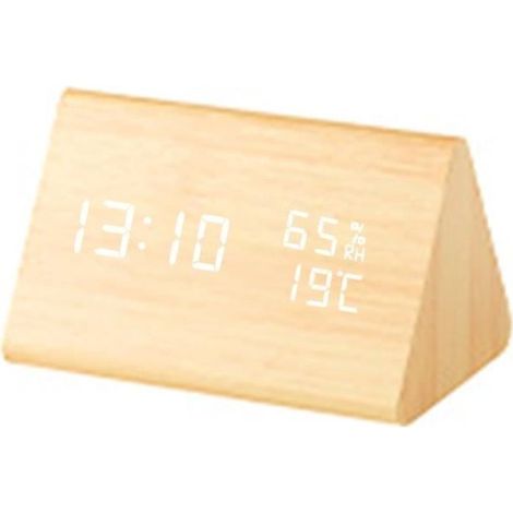 Réveil numérique en Bois avec température, Date, humidité, mémoire, contrôle du son, trois niveaux de luminosité Jaune (1/4)