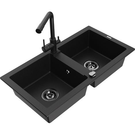 Mexen Mario lavello in granito a 2 vasche con rubinetto da cucina Duero, nero - 6504-77-671600-70-B (1/5)
