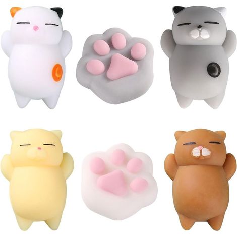 Jouet Squishy Mochi - Lot de 6 - Patte de Chat et Calmar - Anti-Stress Souple - Enfant Adulte - Kawaii