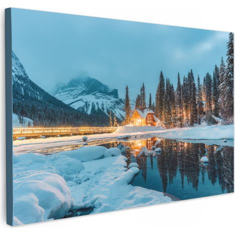 TABLEAU SUR TOILE Paysage d'hiver - Nature - Maison - Montagnes - Neige Toile Peinture Grand Format XXL 150x100 cm