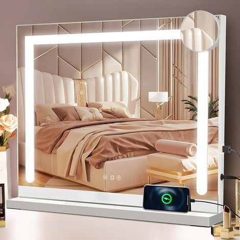 GBLY Schminkspiegel mit Beleuchtung 58 x 46 cm Schminktisch Spiegel mit Licht Touch dimmbare LED 3 Farblichtmodi 5-facher Vergrößerung USB Anschluss Vanity Mirror für Schlafzimmer (1/5)